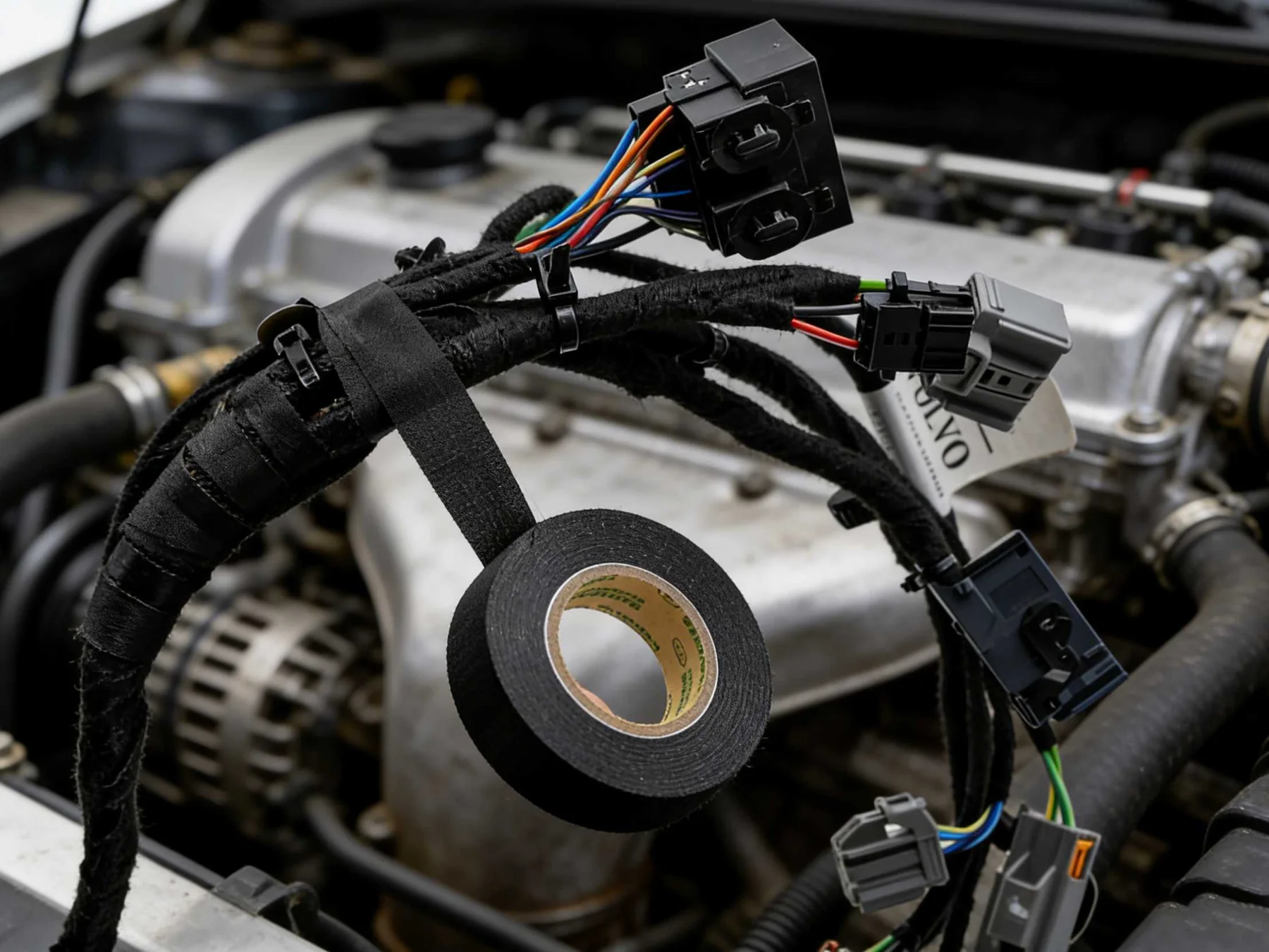 Cloth tape wrapped around an automotive wiring harness